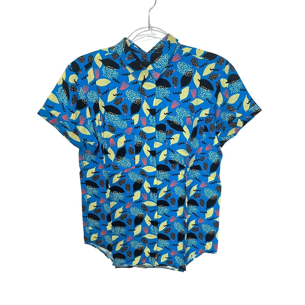 Wildfang Button Up Shirt Size‎ XS Blue Abstract Empower Short Sleeve Rayon NWT